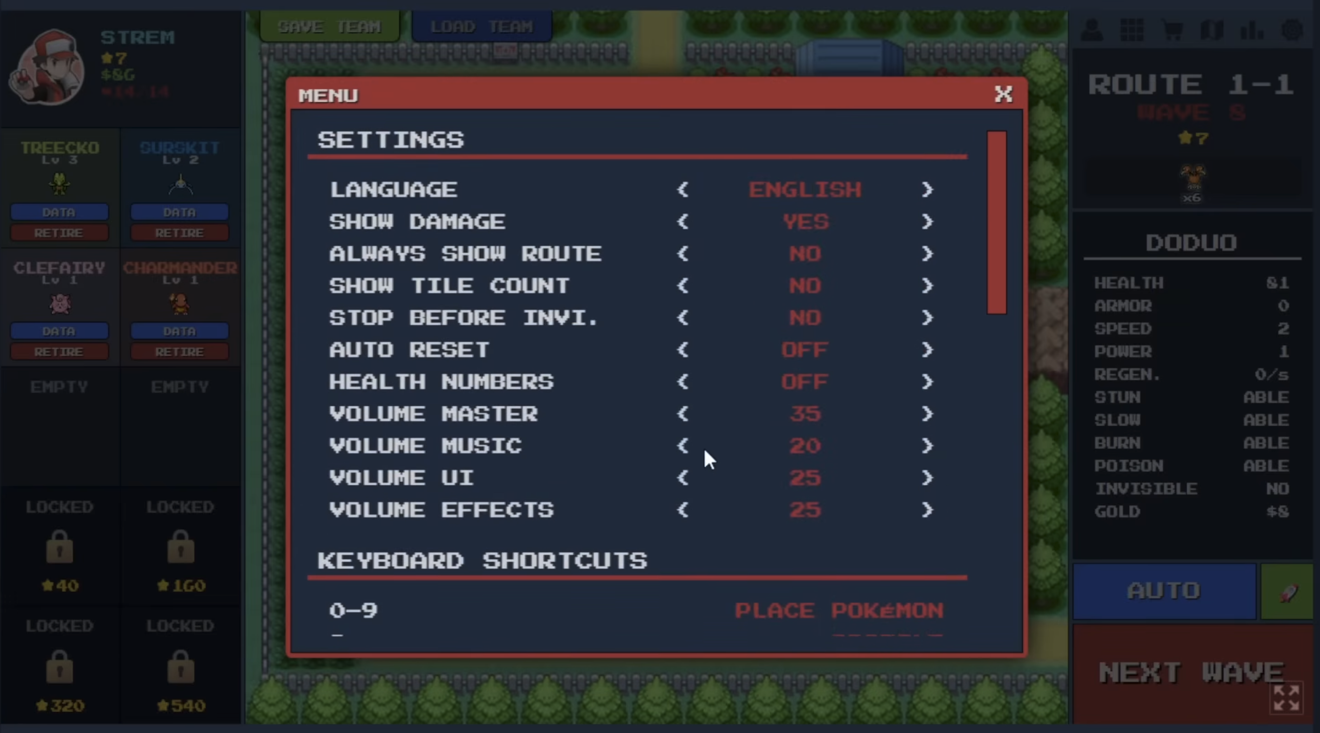 PokéPath TD settings menu panel