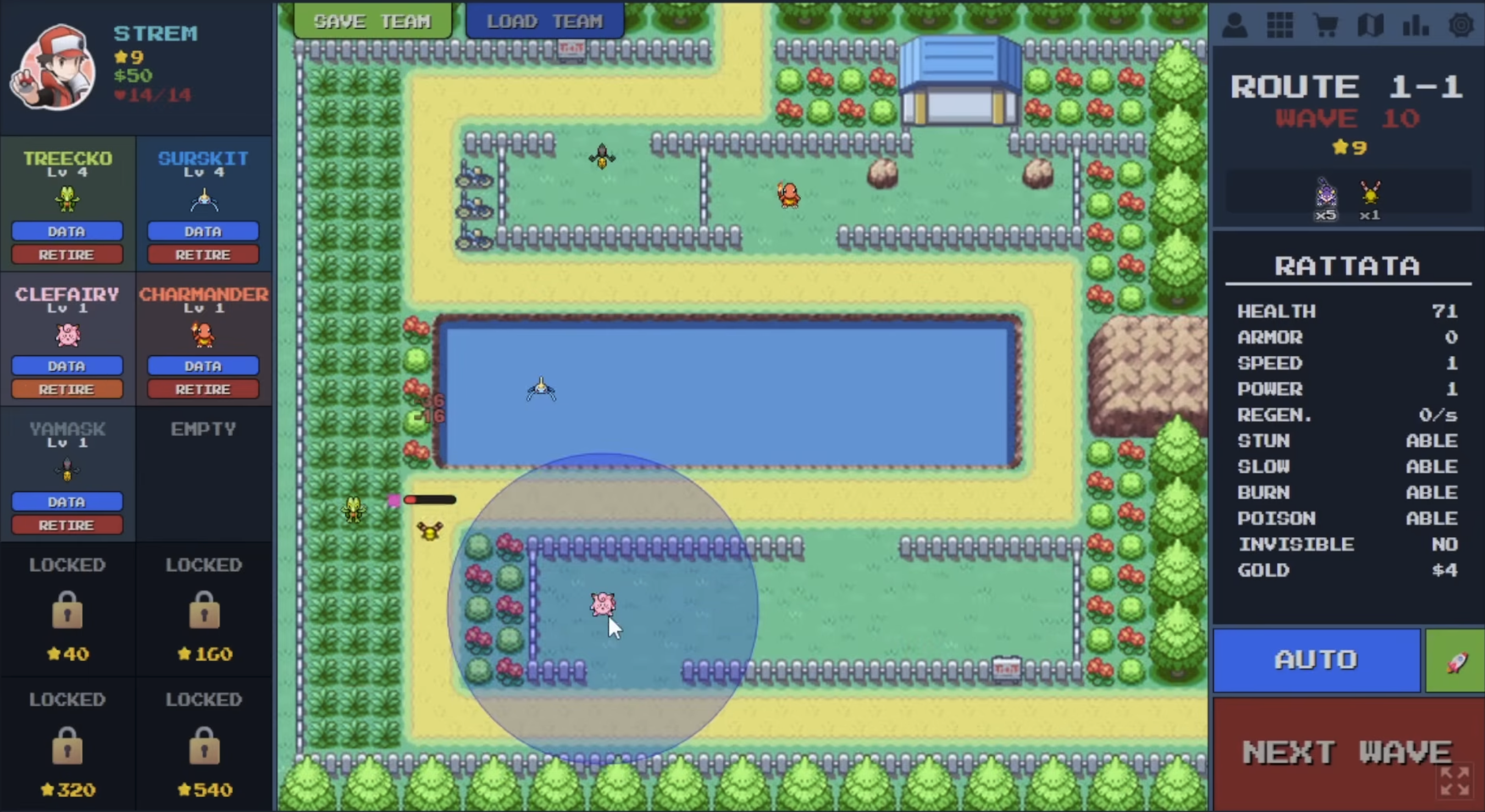 PokéPath TD tower range overlay on the map