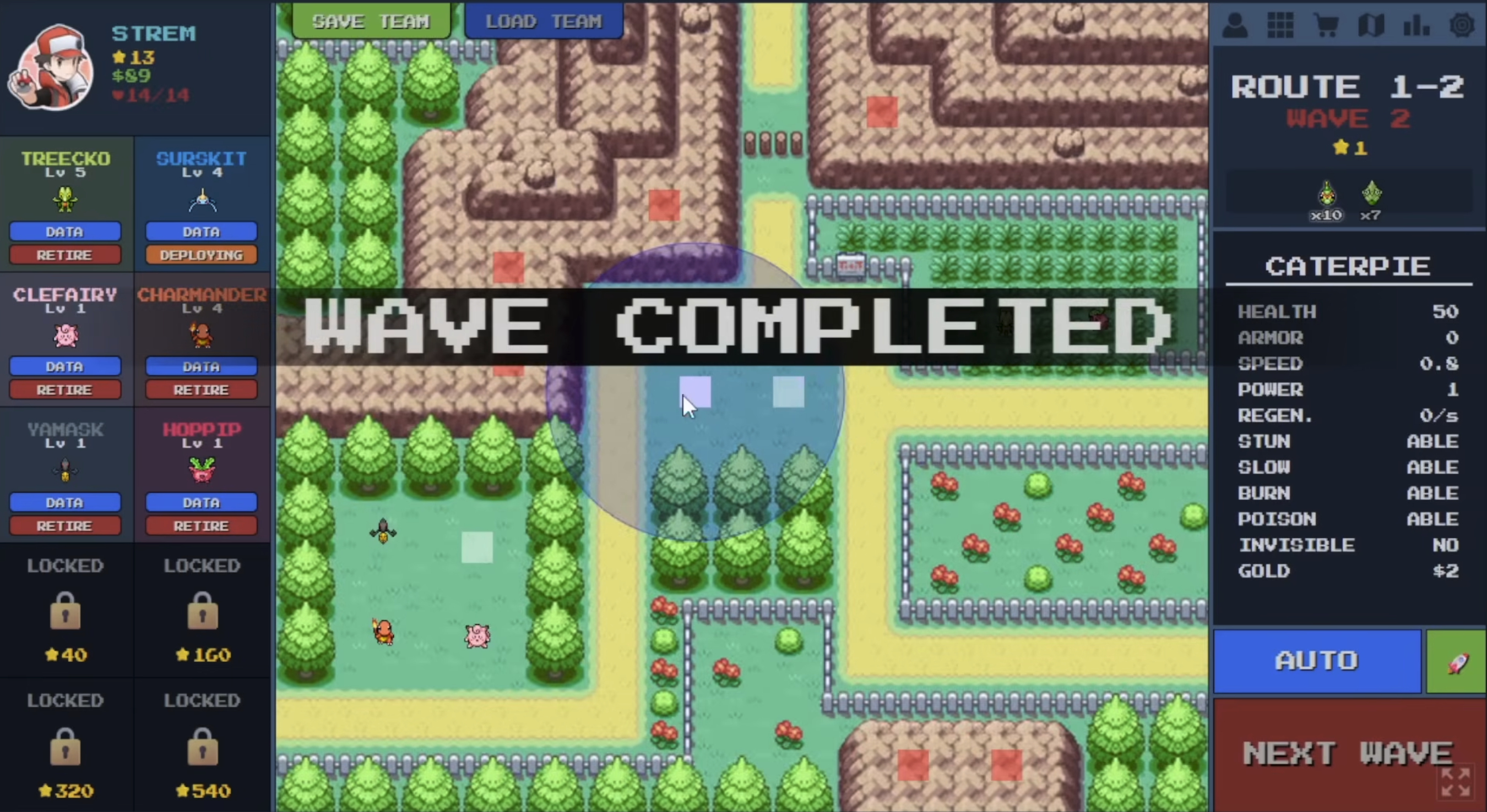 PokéPath TD wave complete banner over the map